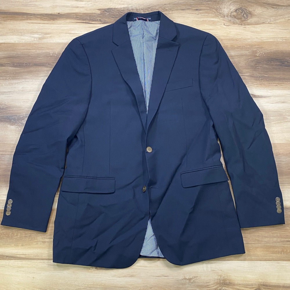 Tommy Hilfiger Blazer 40L Sport Coat Navy Blue Wool Blend Stretch Two Button